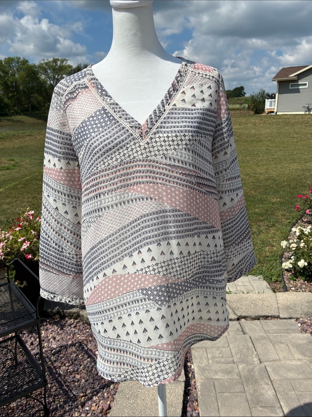Maurice’s Lightweight V-Neck Boho Tunic in Cream, Dusty Rose & Gray